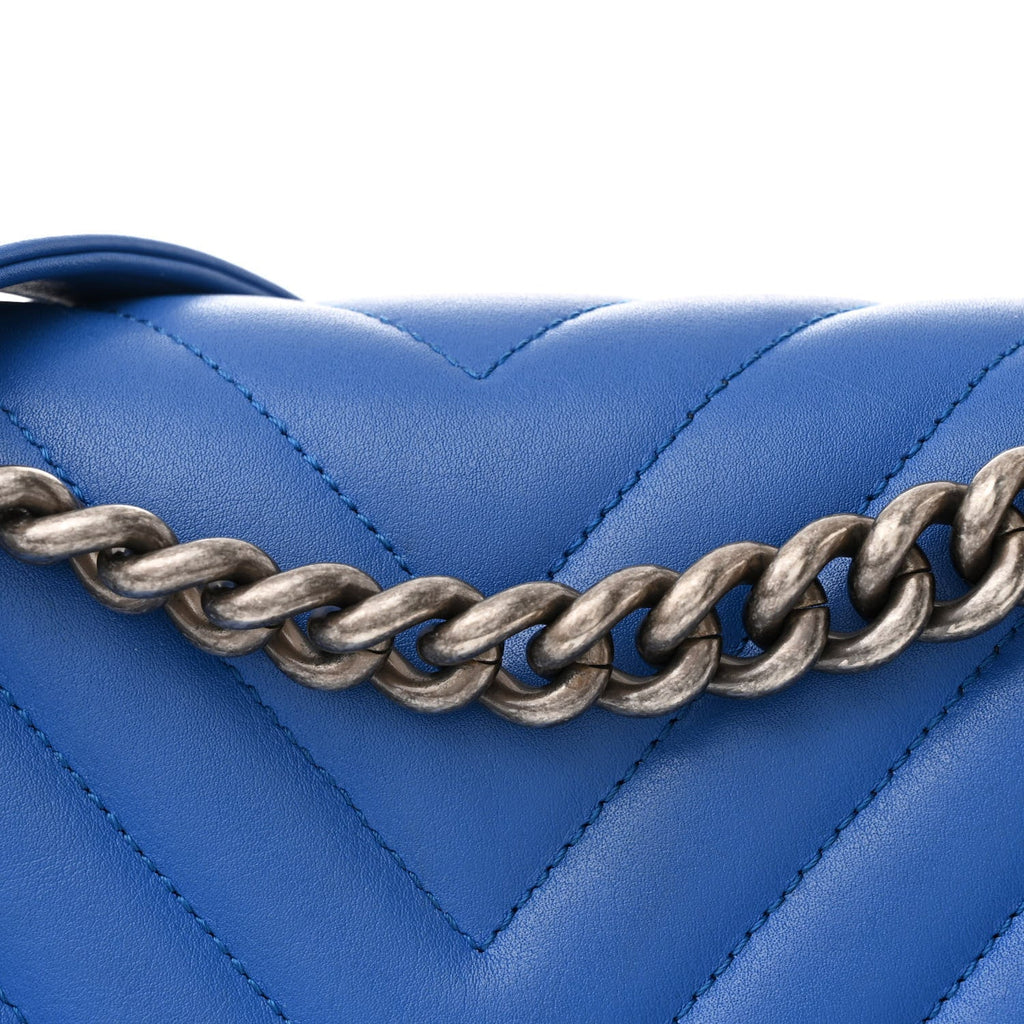 Calfskin Chevron Quilted Large Boy Flap Blue