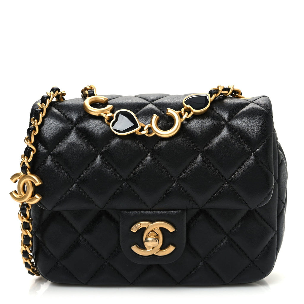 Lambskin Enamel Quilted Mini Coco Hearts Square Flap Black