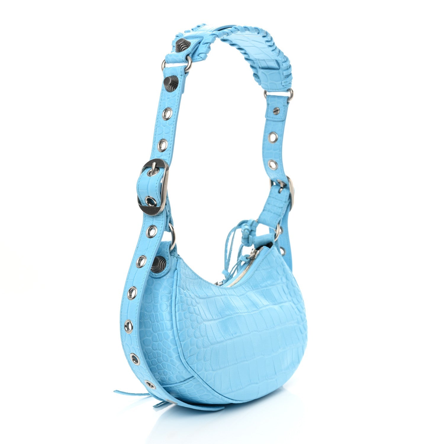 Extra Supple Calfskin Crocodile Embossed Le Cagole Shoulder Bag XS Sky Blue