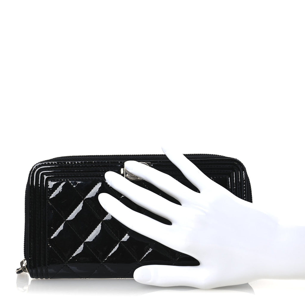 Patent Calfskin Quilted Boy L-Gusset Zip Wallet Black
