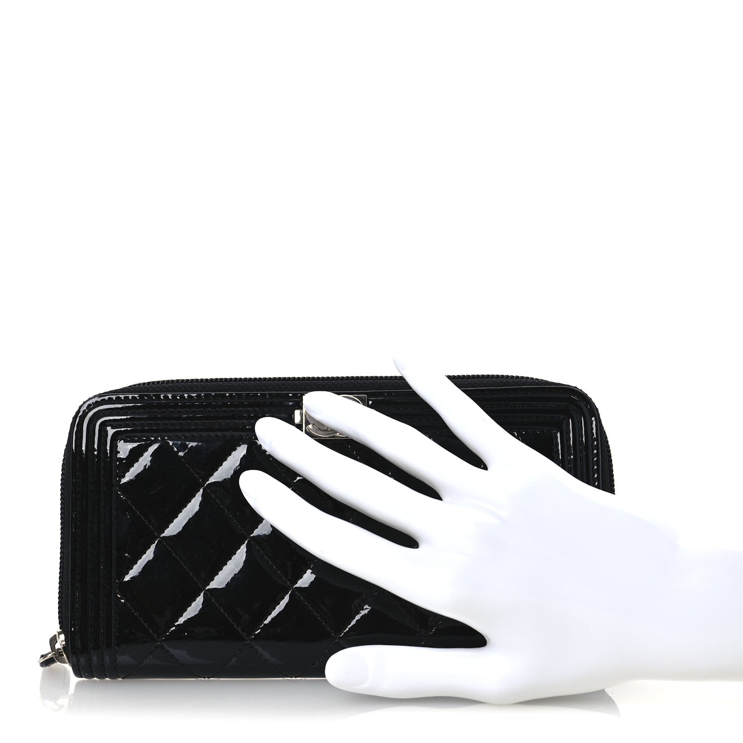 Patent Calfskin Quilted Boy L-Gusset Zip Wallet Black