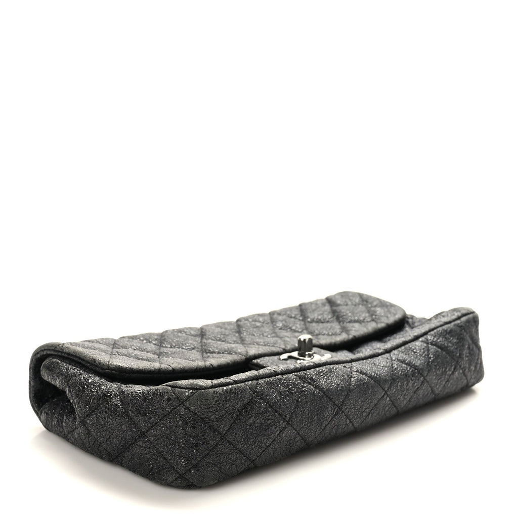 Metallic Crackled Calfskin Quilted East West Flap Navy