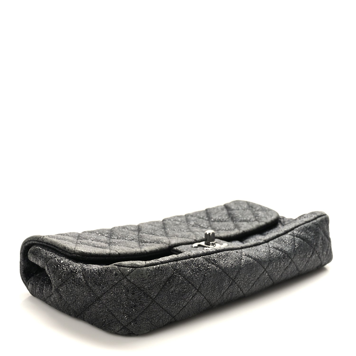 Metallic Crackled Calfskin Quilted East West Flap Navy