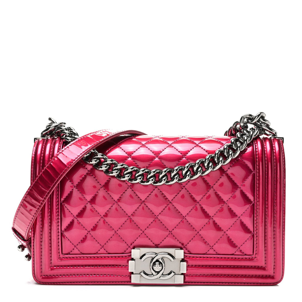 Metallic Patent Calfskin Quilted Medium Boy Flap Pink