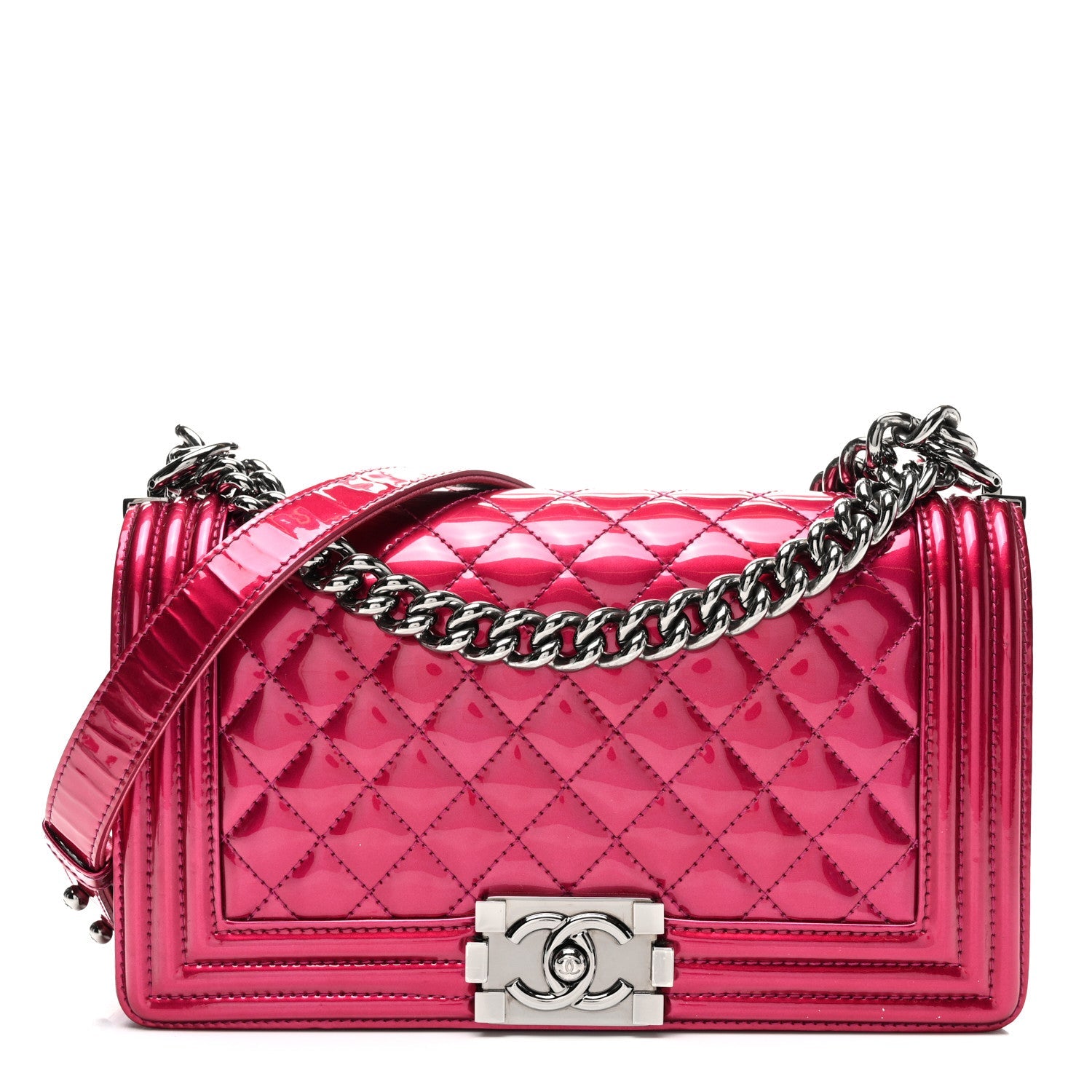 Metallic Patent Calfskin Quilted Medium Boy Flap Pink