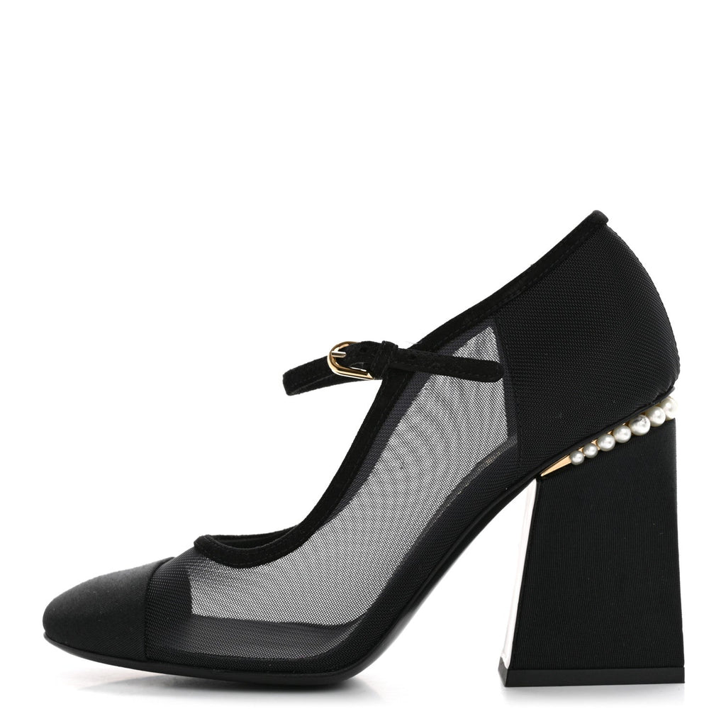 Mesh Suede Grosgrain Pearls Cap Toe Mary Jane Pumps  37.5 Black