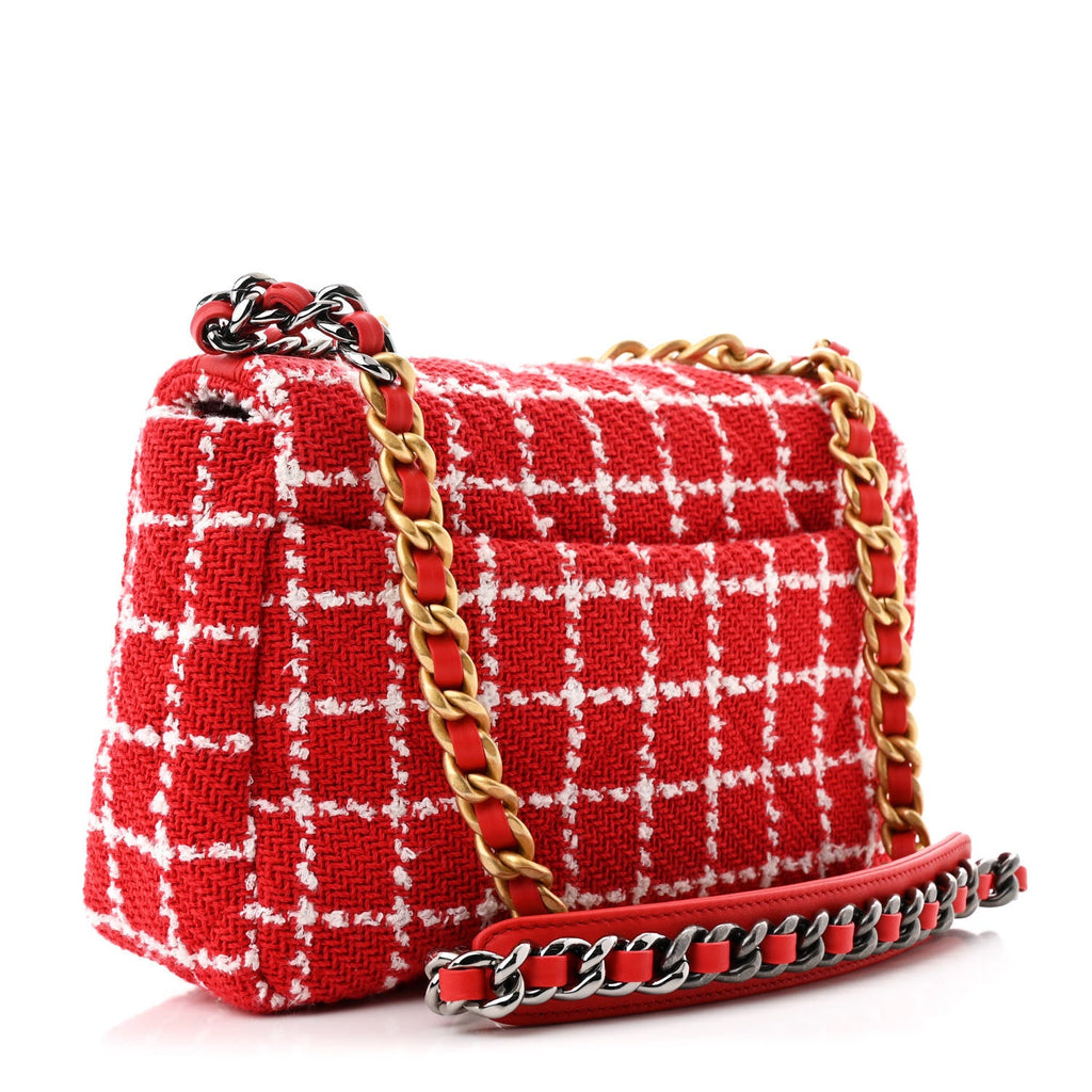 Tweed Quilted Medium Chanel 19 Flap Red White