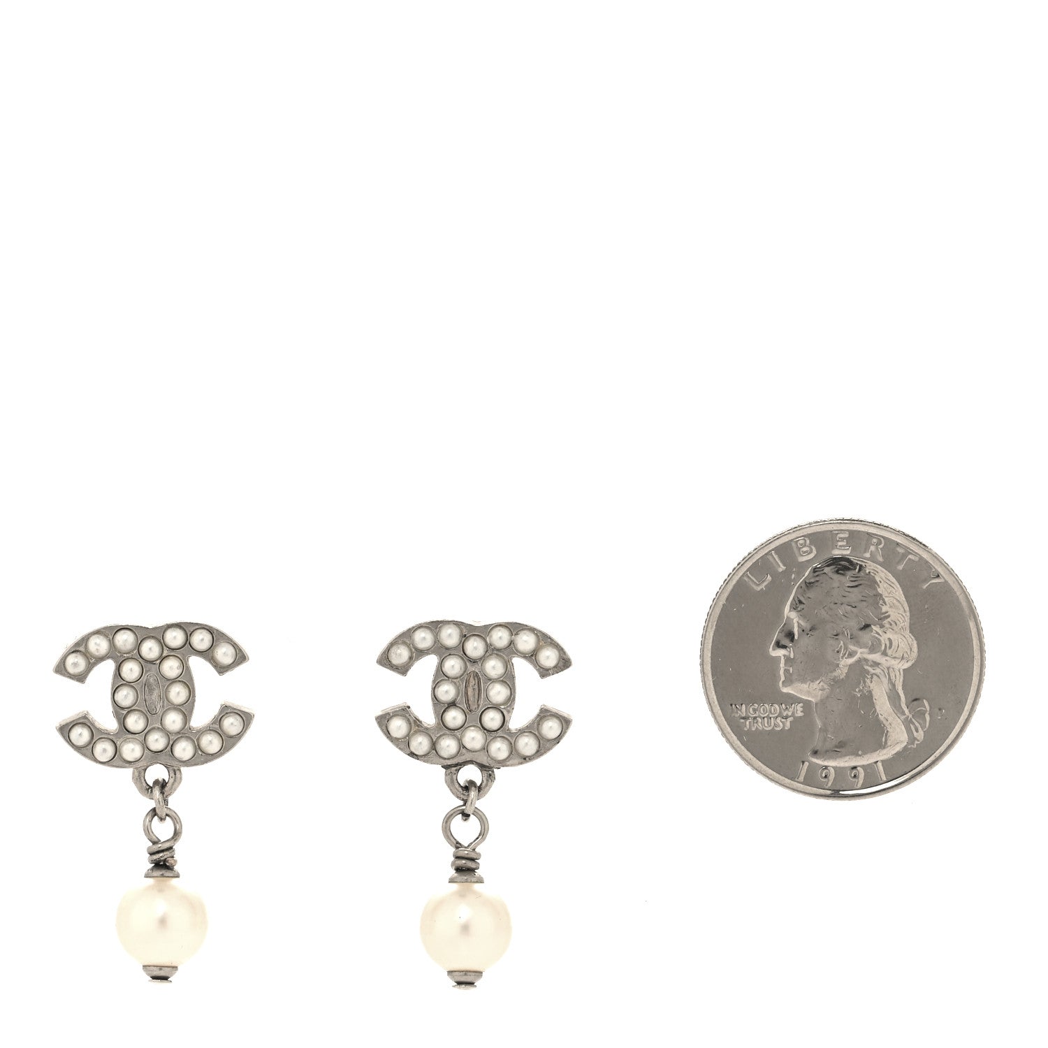 Crystal Pearl CC Drop Earrings Silver