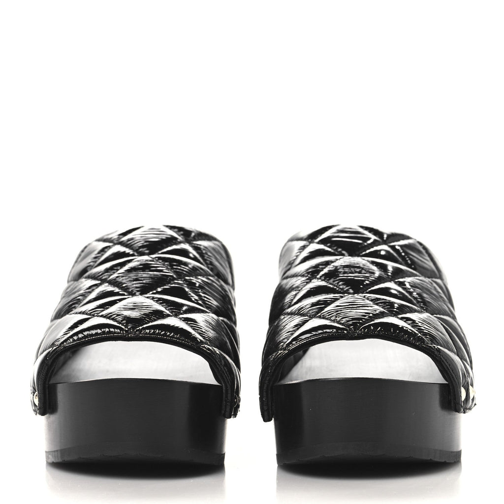 Patent Lambskin Quilted CC Clogs 38 Black
