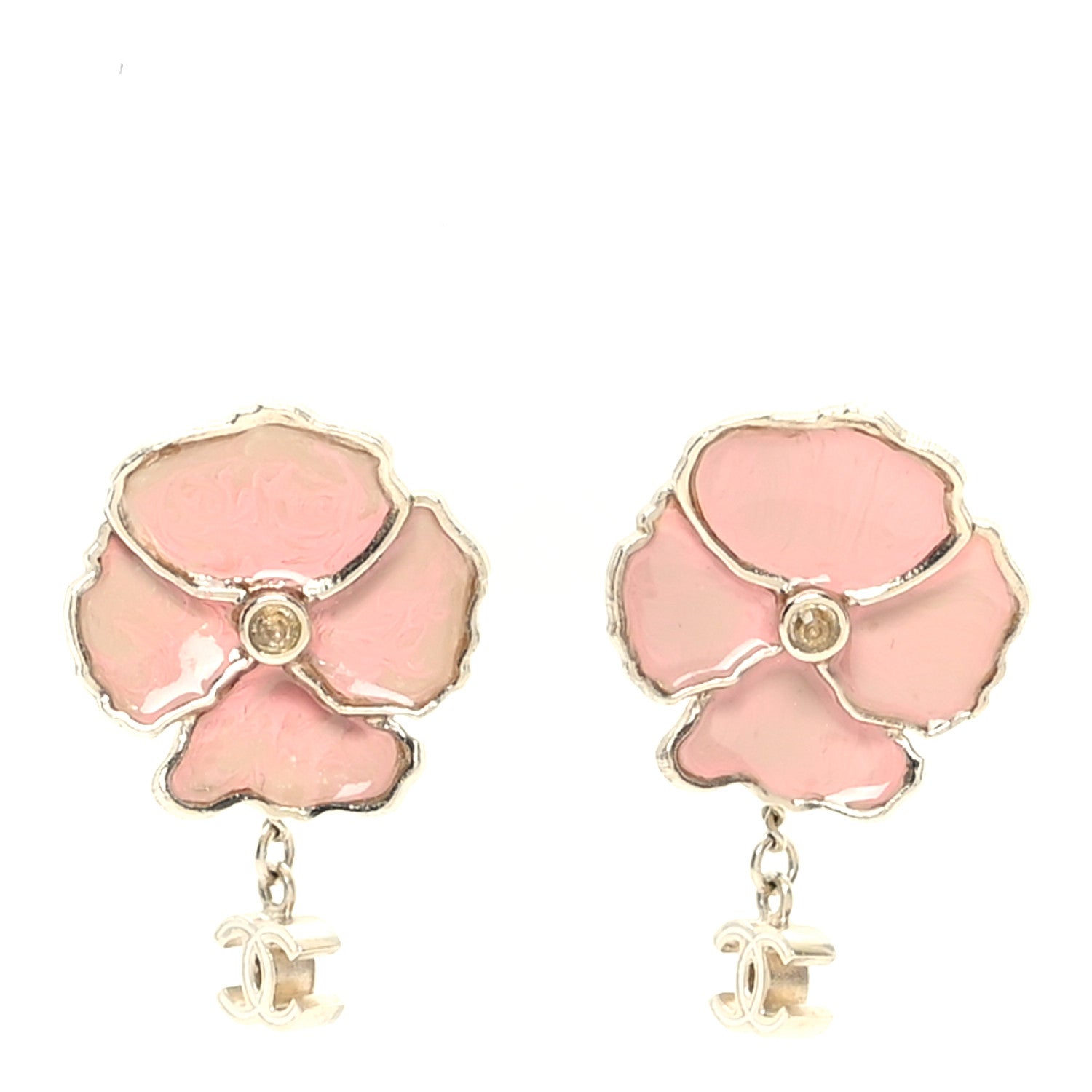 Enamel Crystal CC Camellia Drop Clip On Earrings Pink Gold