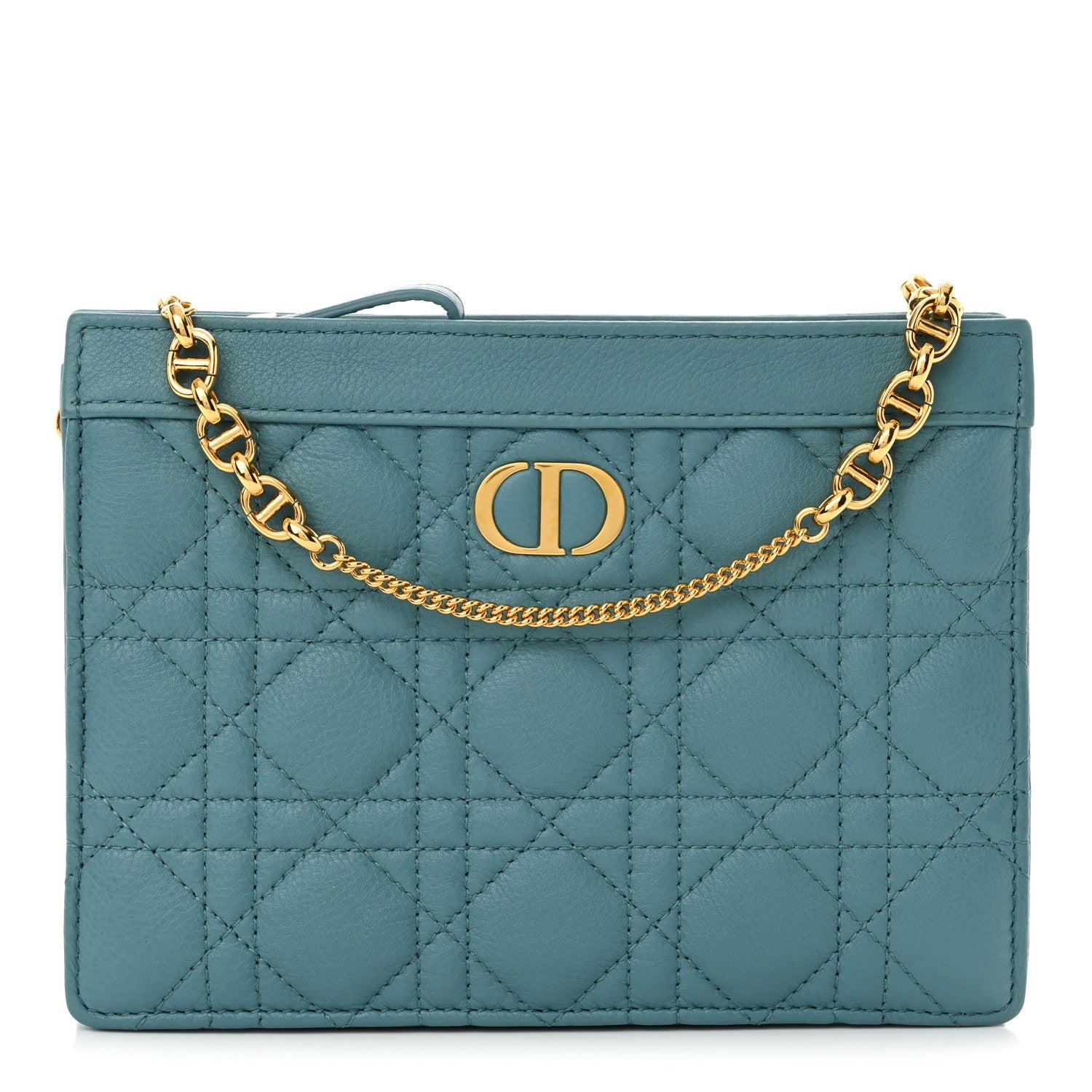 Calfskin Cannage Caro Zipped Pouch With Chain Cloud Blue