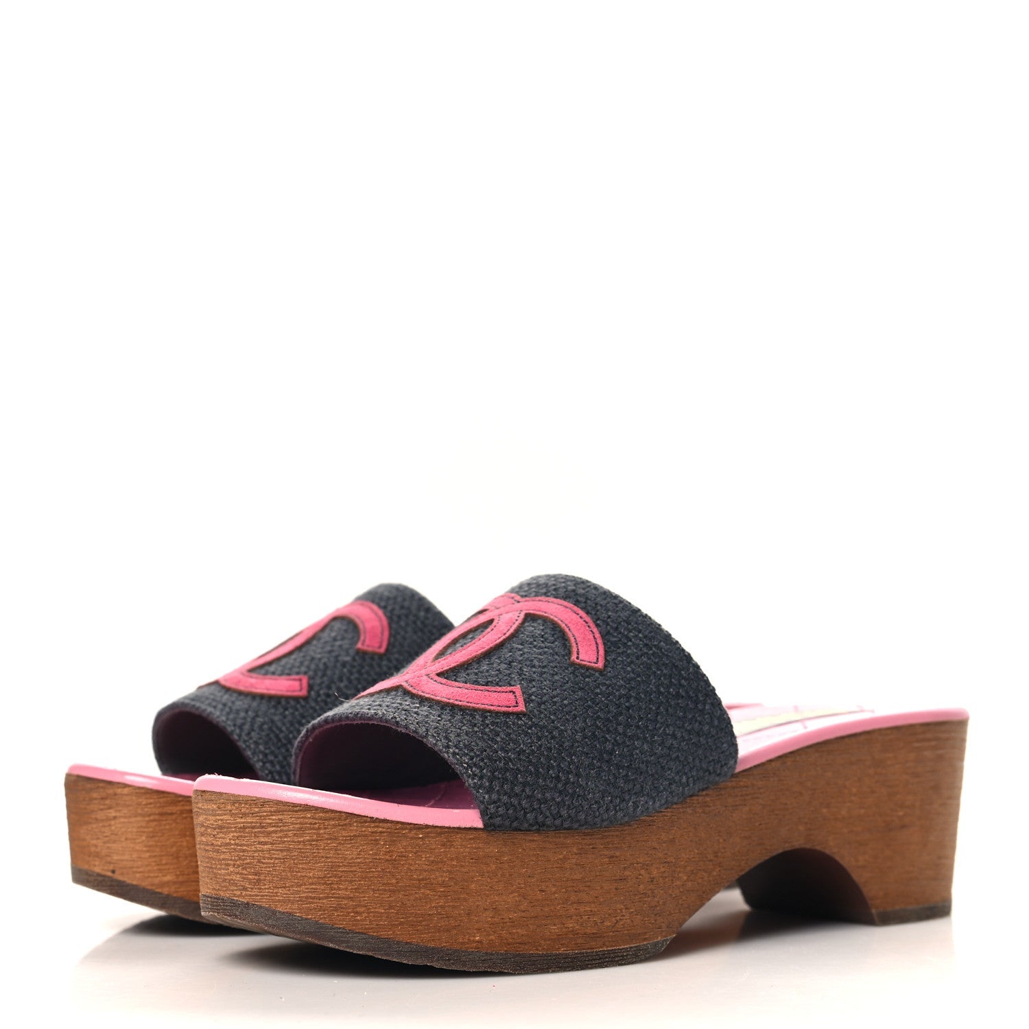 Fabric Suede Calfskin Wooden CC Clogs  37 Dark Grey Fuchsia