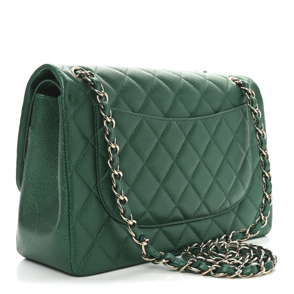 Metallic Caviar Quilted Jumbo Double Flap Green