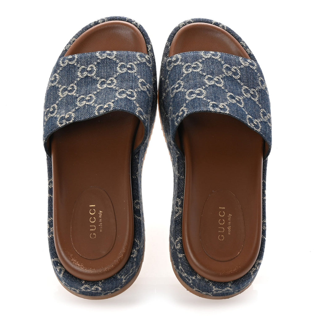 Jacquard Black Denim GG Monogram Angelina Platform 55mm Slide Sandals 37 Blue Tea