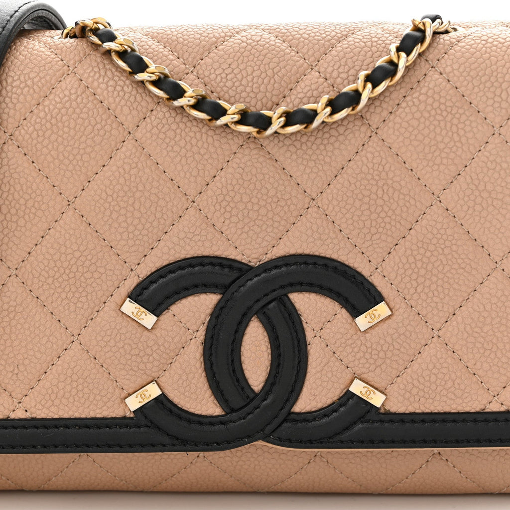 Caviar Quilted Small CC Filigree Flap Beige Black
