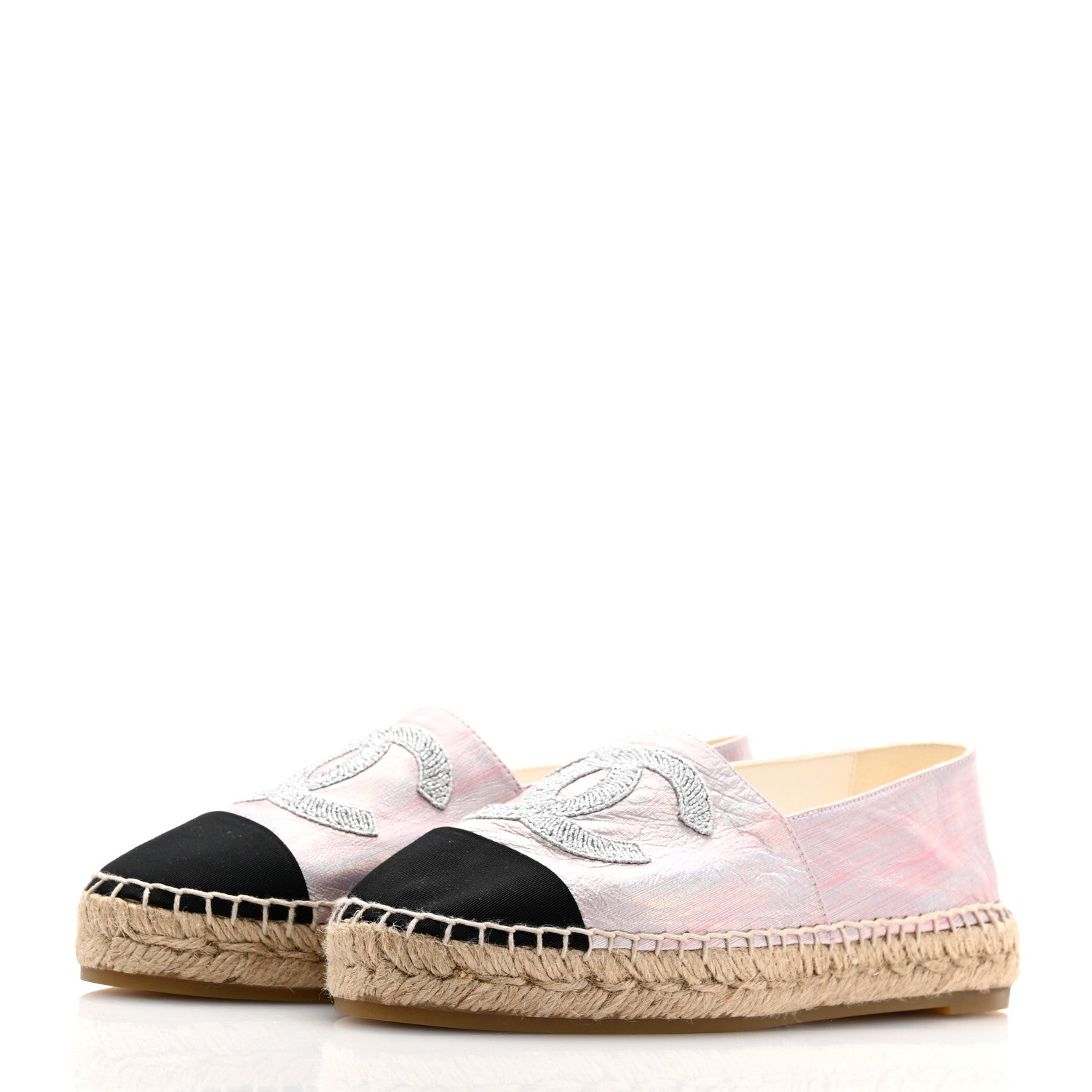 Laminated Lambskin Grosgrain Embroidered CC Espadrilles 39 Pink Silver Black