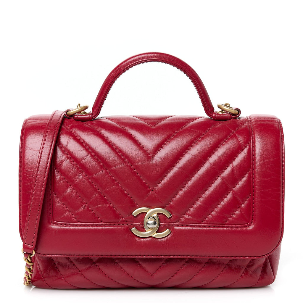 Calfskin Chevron Quilted Top Handle Flap Red