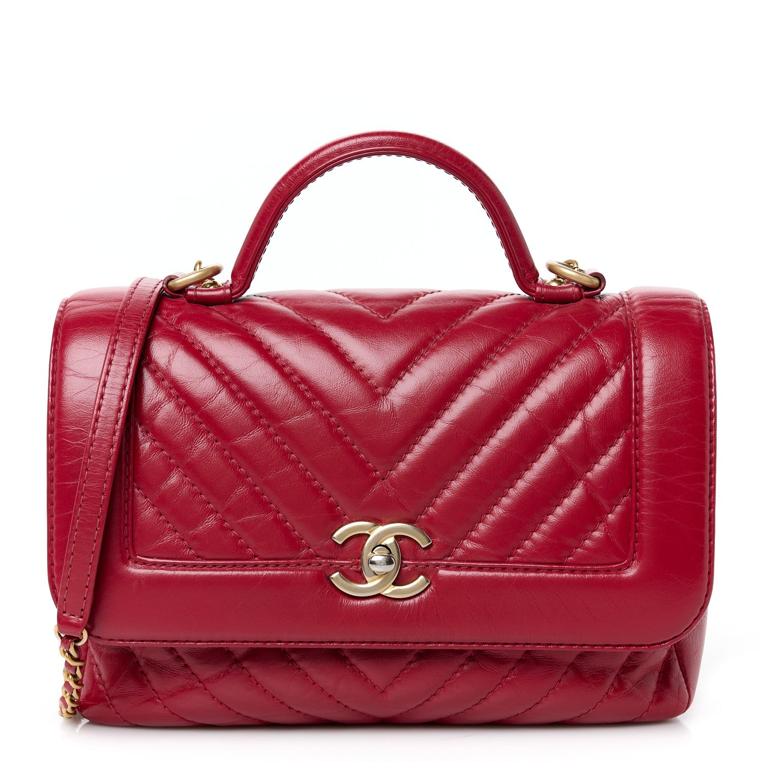Calfskin Chevron Quilted Top Handle Flap Red