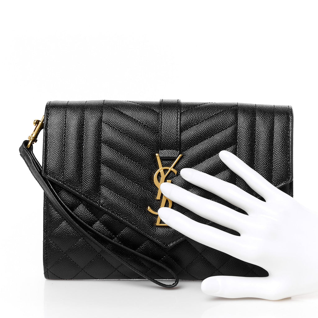 Grain De Poudre Textured Mixed Matelasse Triquilt Monogram Clutch Black