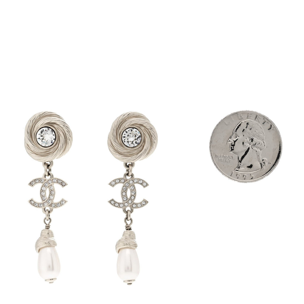 Metal Crystal Pearl Flower CC Drop Earrings Gold White