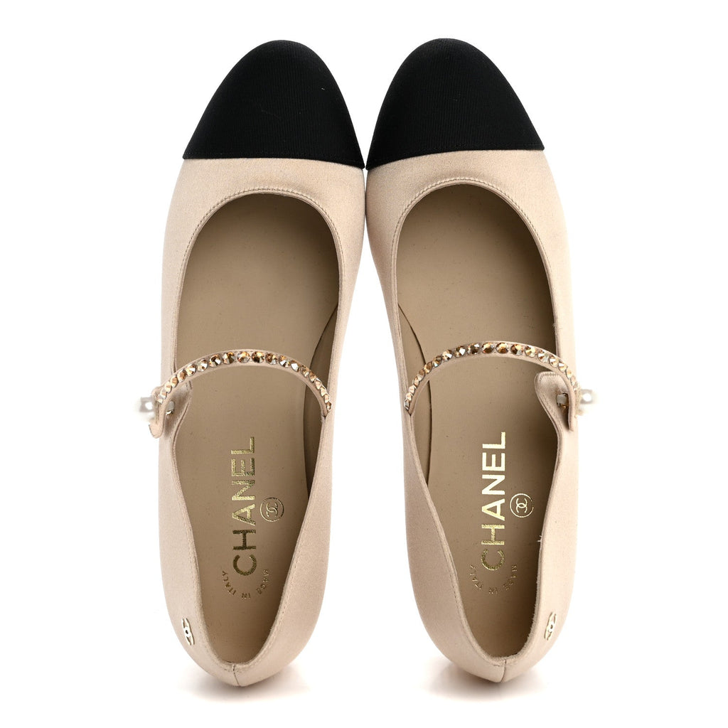 Strass Satin Grosgrain Mary Jane Flats 38.5 Beige Black