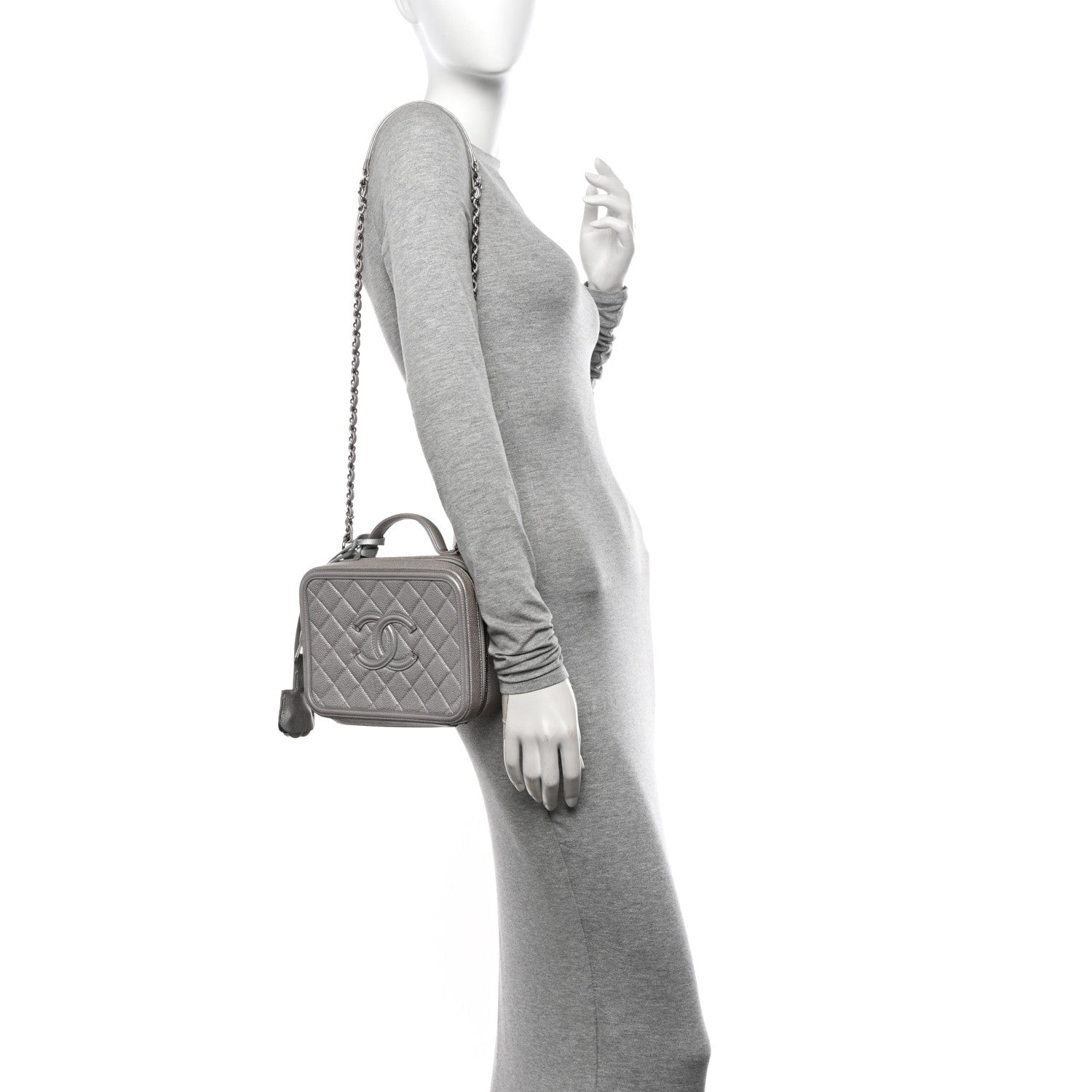 Metallic Caviar Quilted Medium CC Filigree Vanity Case Silver