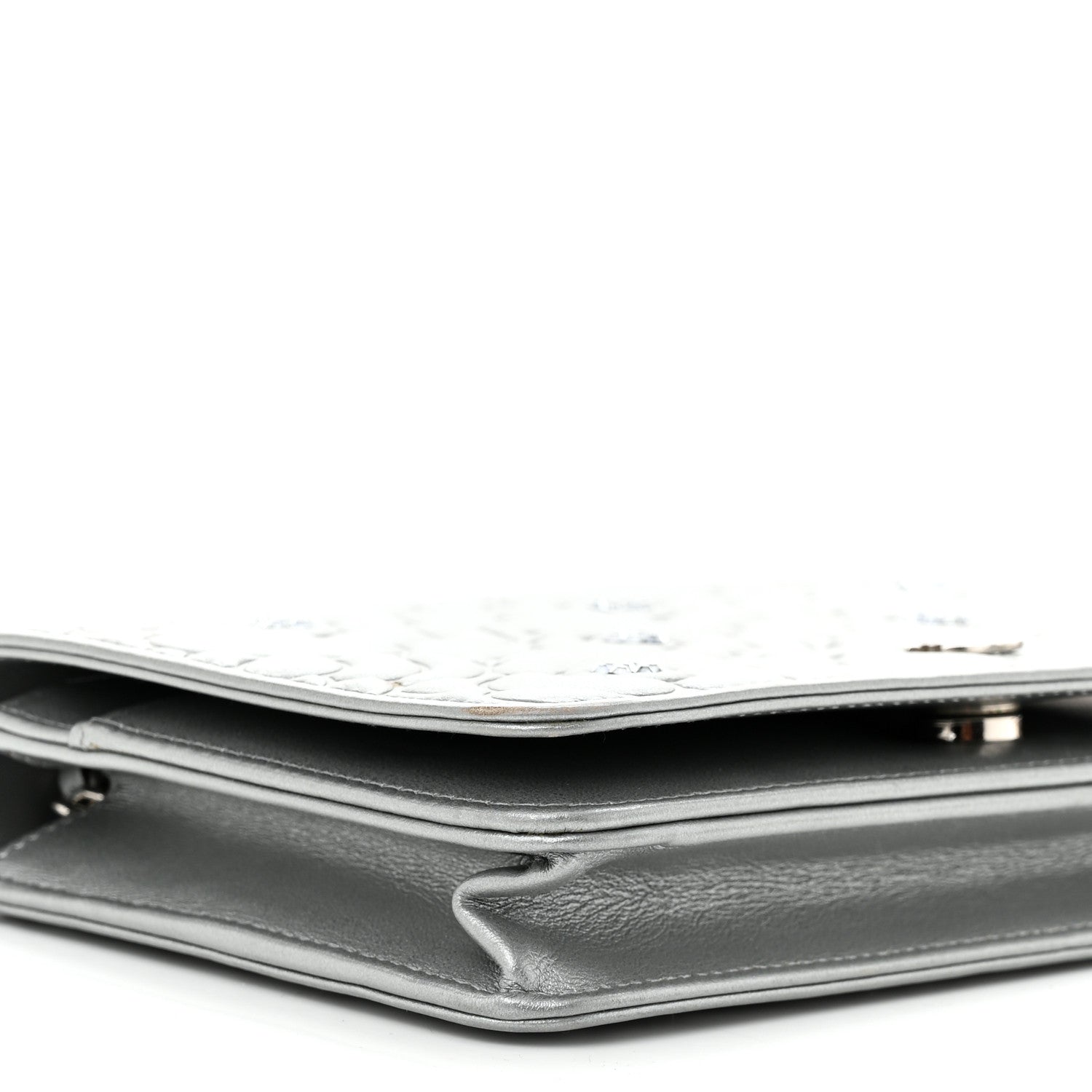 Metallic Lambskin Camellia Crystal Wallet on Chain WOC Silver