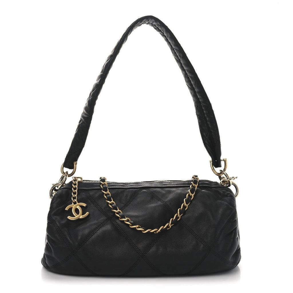 Lambskin Quilted  Bowling Bag Black