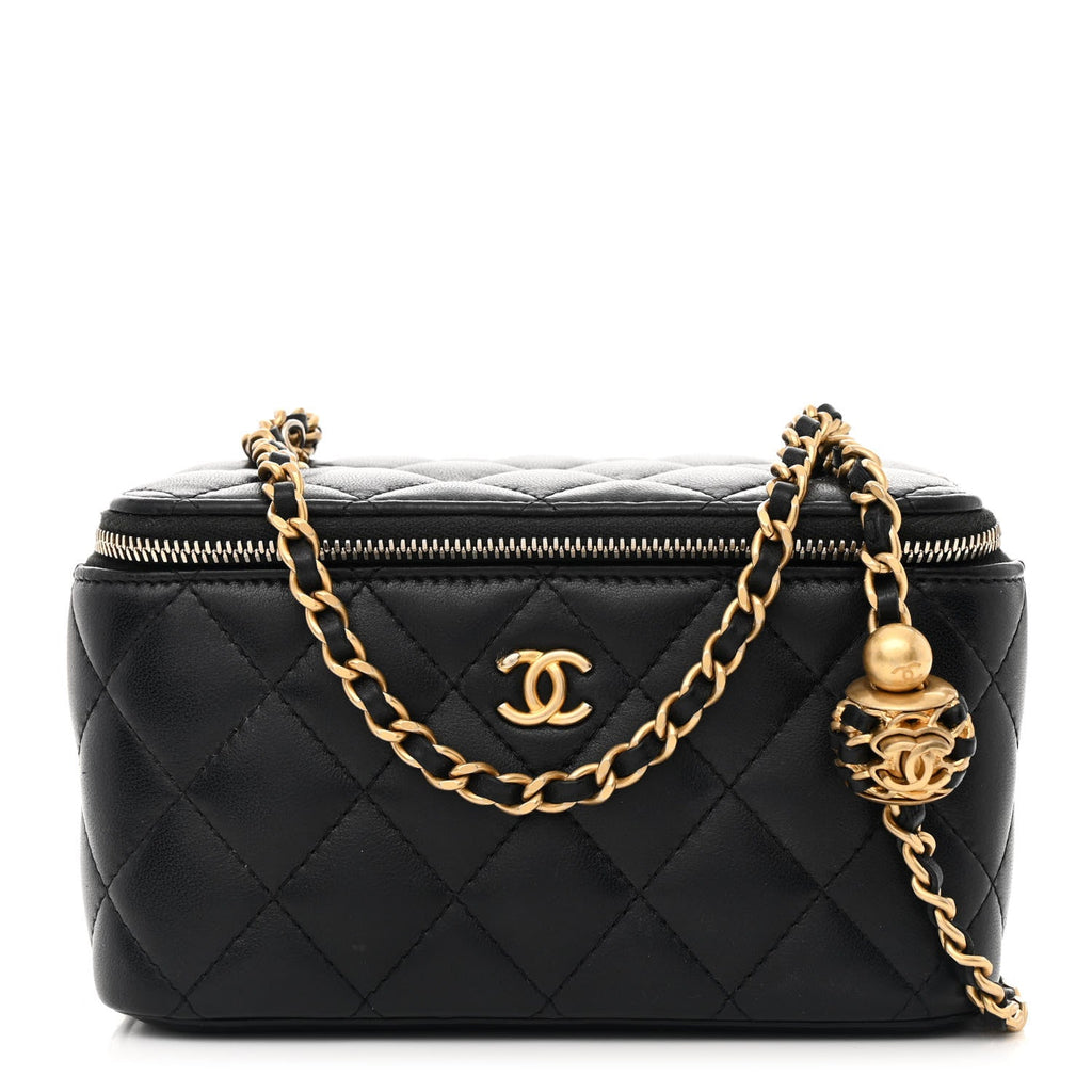 Lambskin Quilted Pearl Crush Small Vanity Case With Chain Black