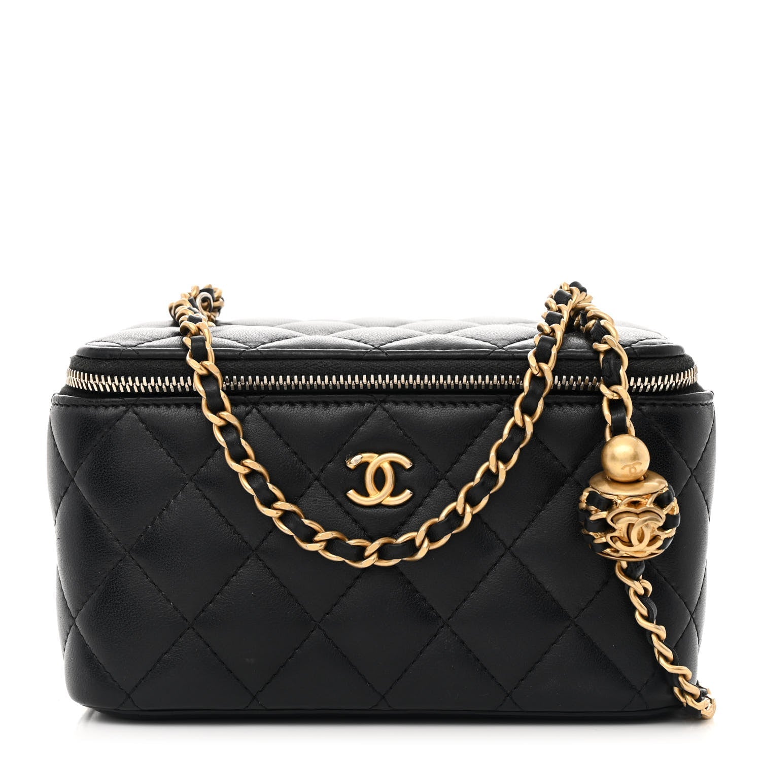Lambskin Quilted Pearl Crush Small Vanity Case With Chain Black