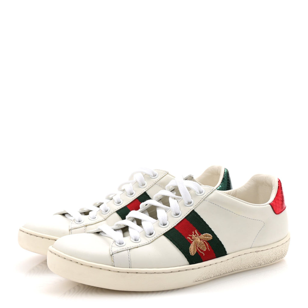 Calfskin Ayers Bee Embroidered Womens Ace Sneakers 37 White Red Flame Green