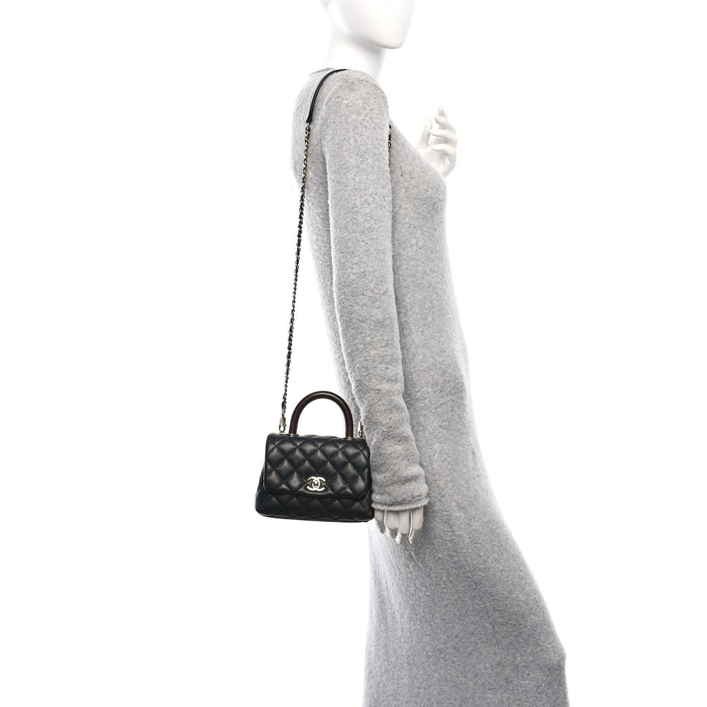 Caviar Lizard Embossed Quilted Extra Mini Coco Handle Flap Black