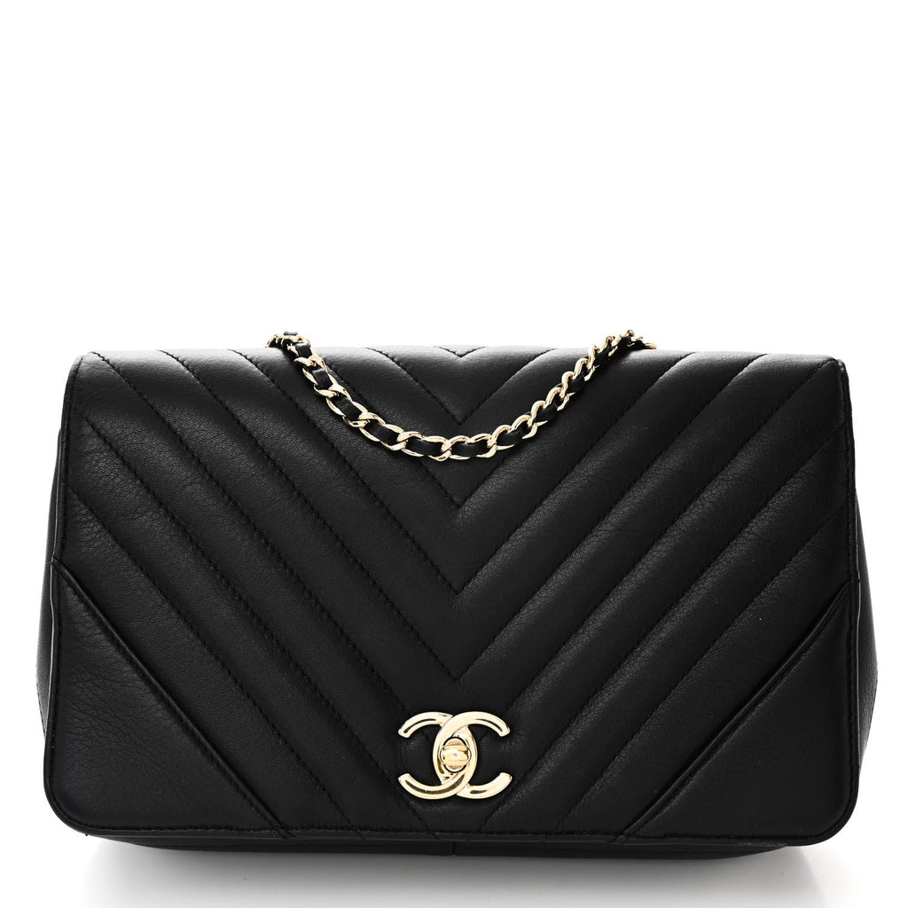 Calfskin Chevron Quilted Small Statement Flap Black