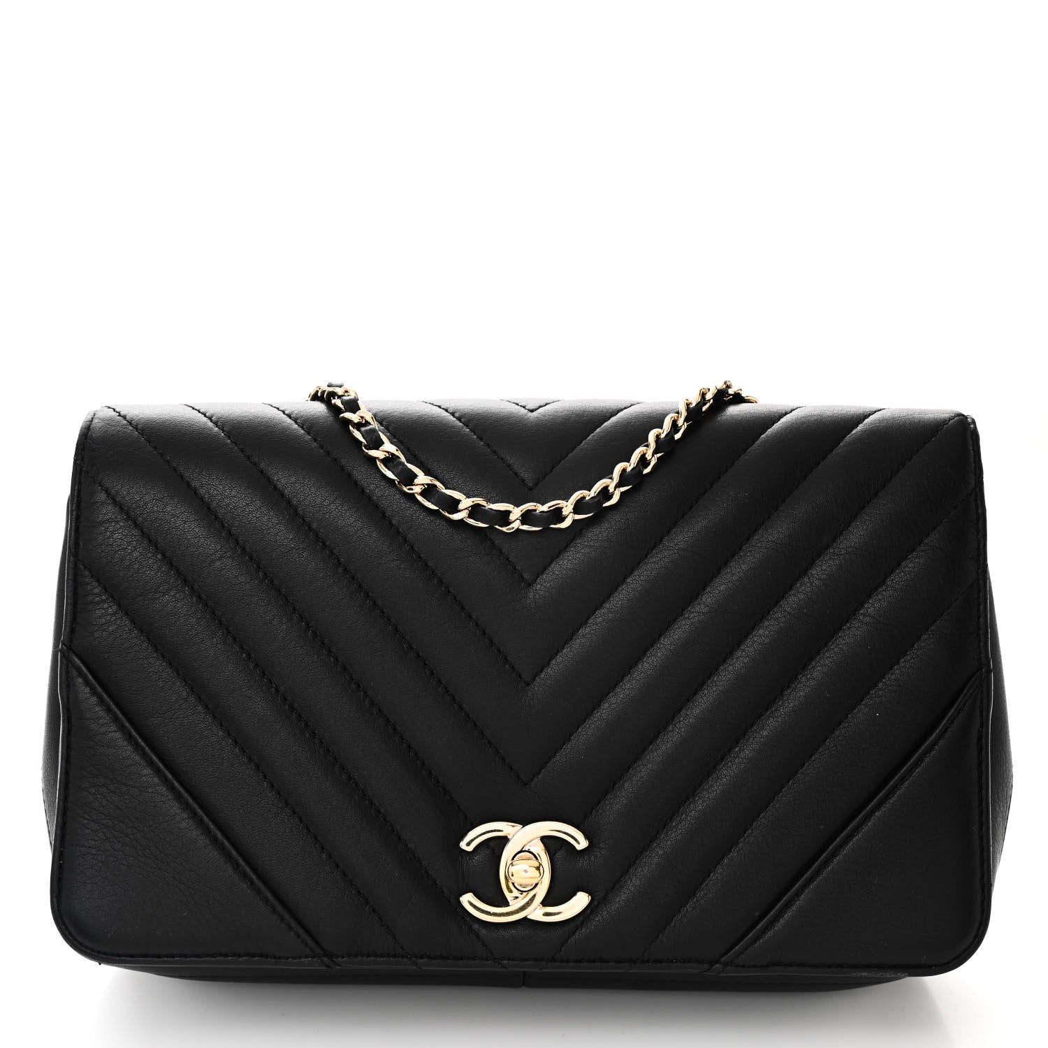Calfskin Chevron Quilted Small Statement Flap Black