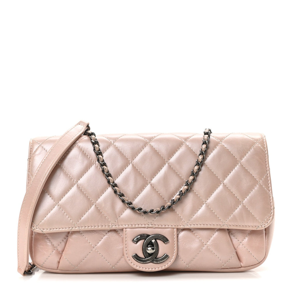 Glazed Calfskin Quilted Coco Pleats Flap Pink
