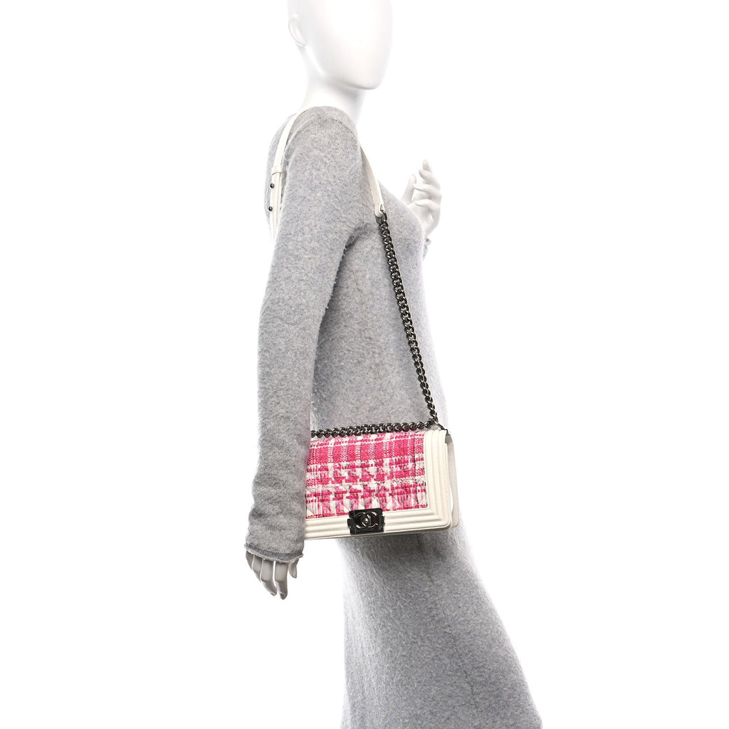 Patent Tweed Medium Boy Flap White
