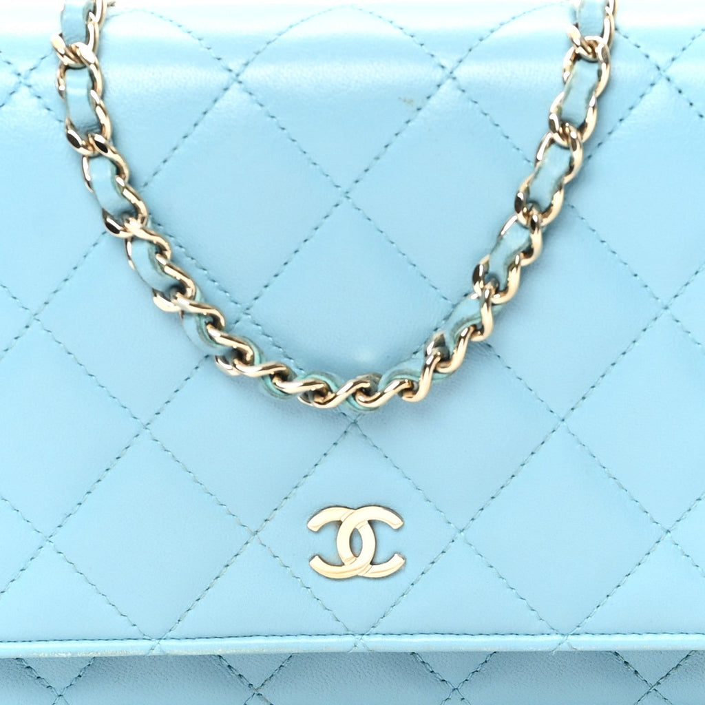 Lambskin Quilted Mini Wallet On Chain WOC Light Blue