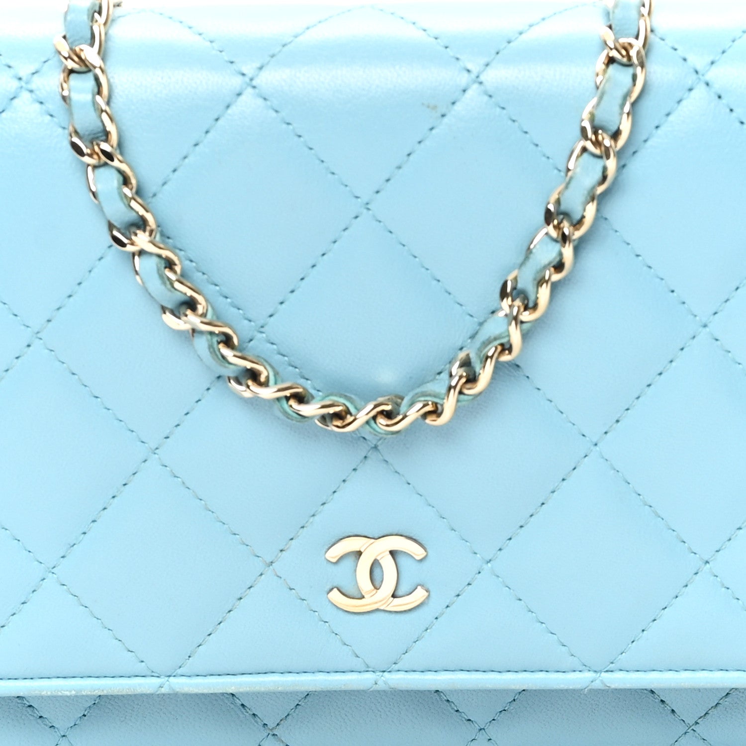 Lambskin Quilted Mini Wallet On Chain WOC Light Blue