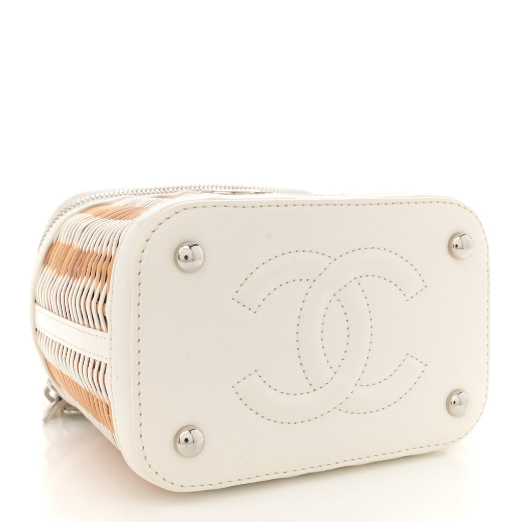 Calfskin Raffia Small Vanity Case Bag White Beige