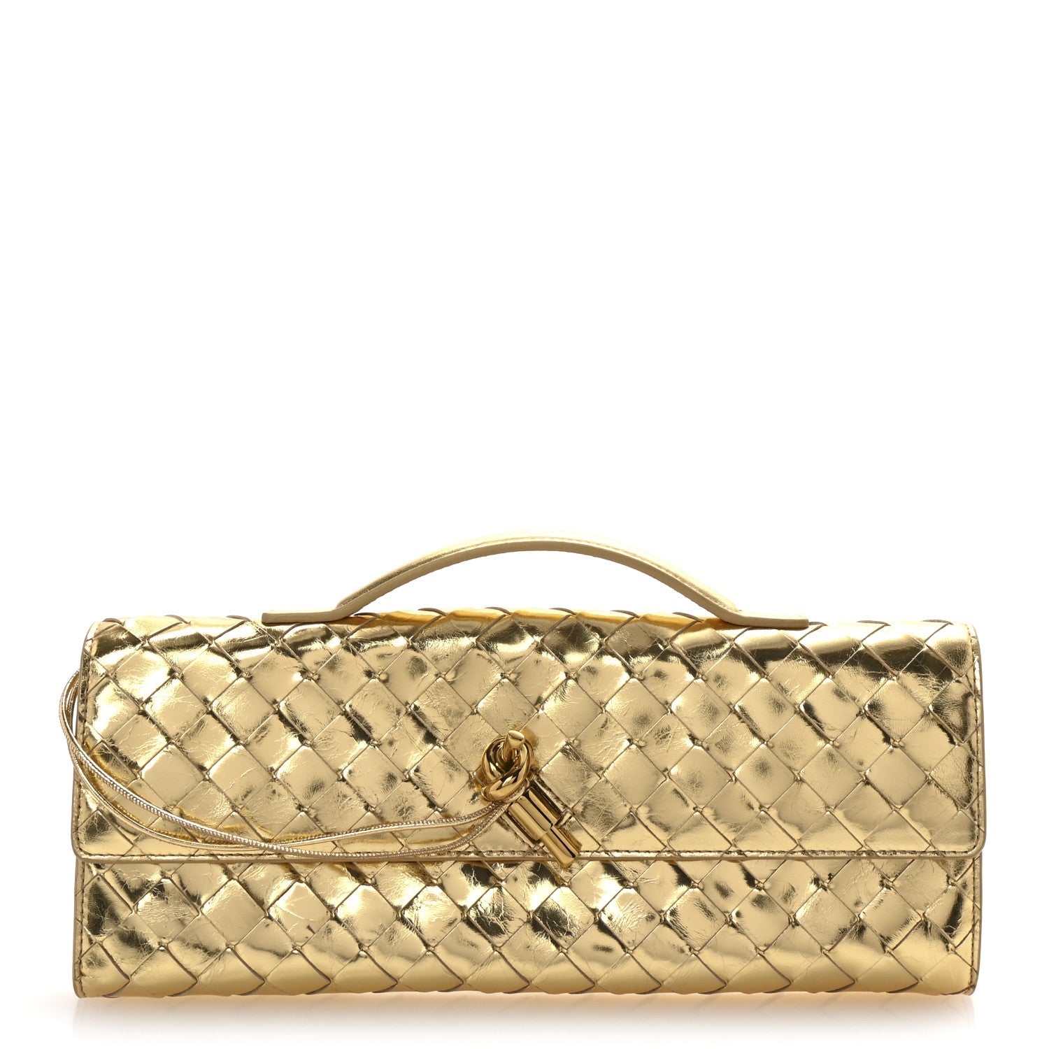 Metallic Lambskin Intrecciato Long Andiamo Top Handle Clutch Gold