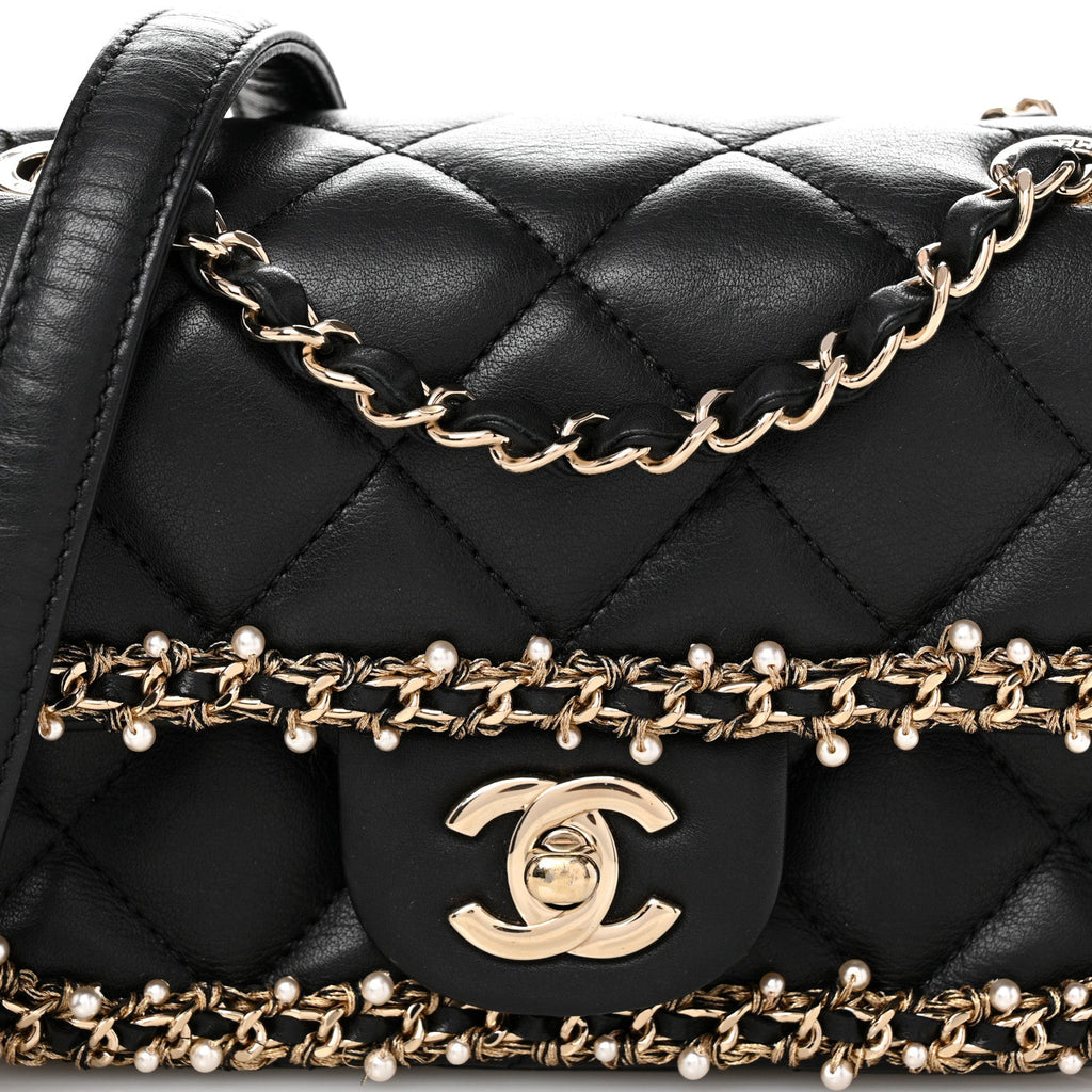 Lambskin Quilted Pearl Edge Mini Rectangular Flap Bag Black