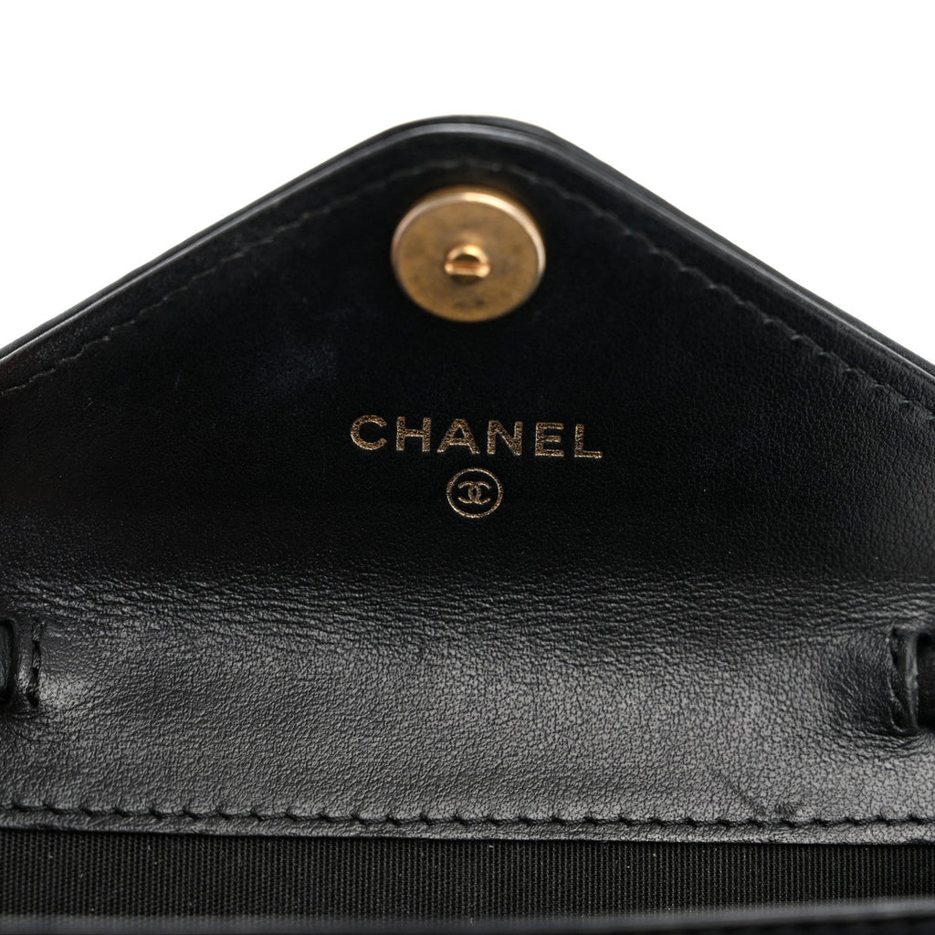 Snakeskin Calfskin Embossed Chevron Quilted CC Chain Wallet Black