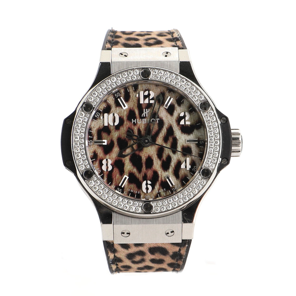 Big Bang Quartz Watch Stainless Steel with Diamond Bezel and Leopard Print Rubber 38