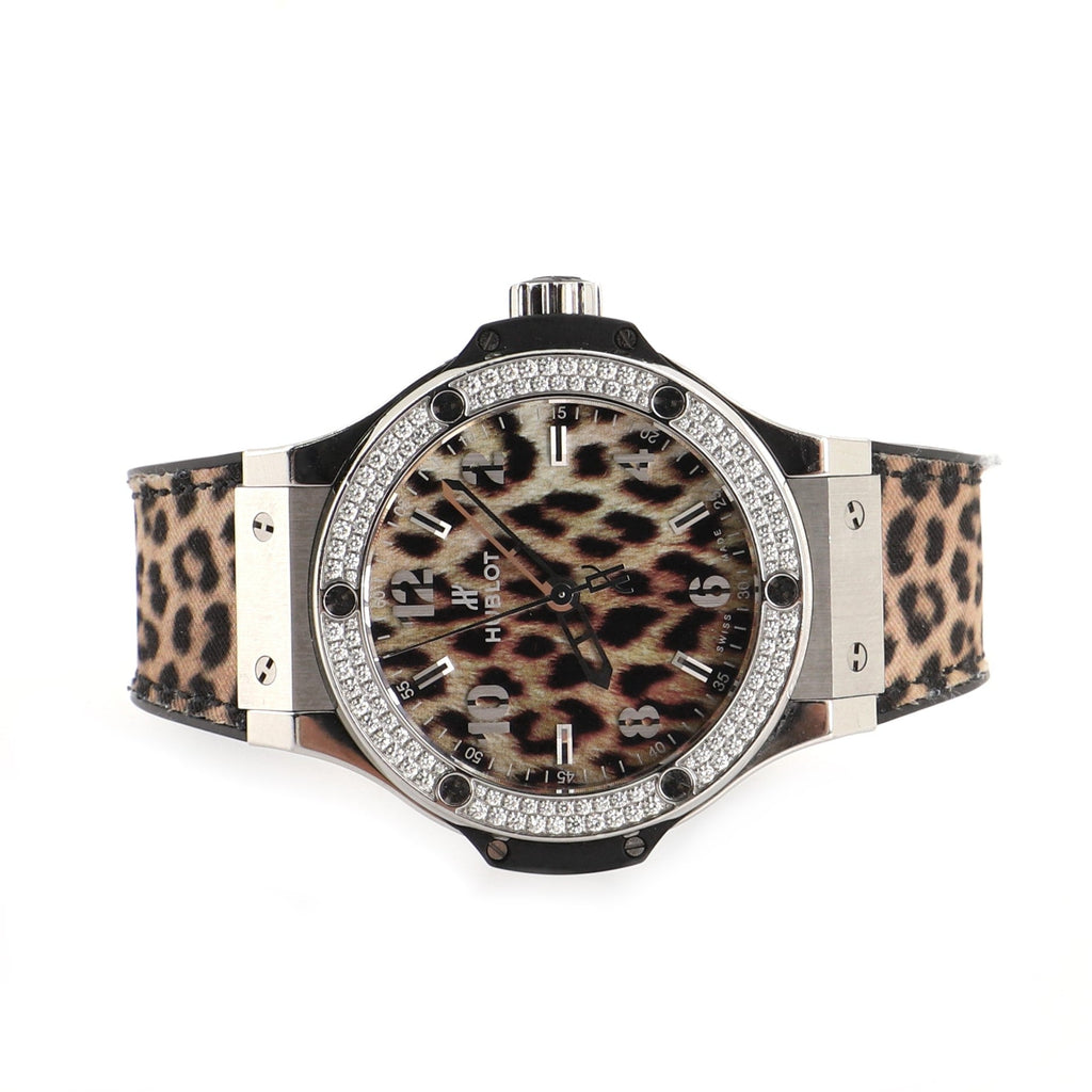 Big Bang Quartz Watch Stainless Steel with Diamond Bezel and Leopard Print Rubber 38