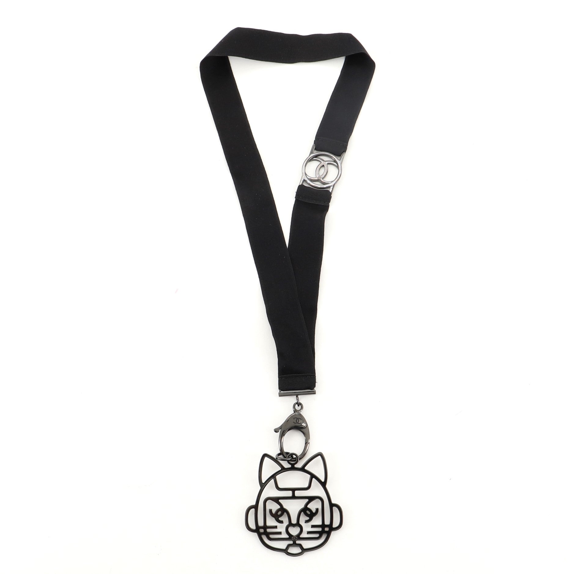 Cat Robot Lanyard Necklace Grosgrain with Crystal Embellished Metal