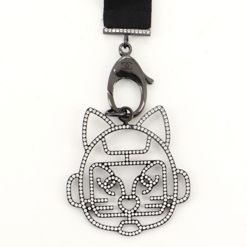 Cat Robot Lanyard Necklace Grosgrain with Crystal Embellished Metal