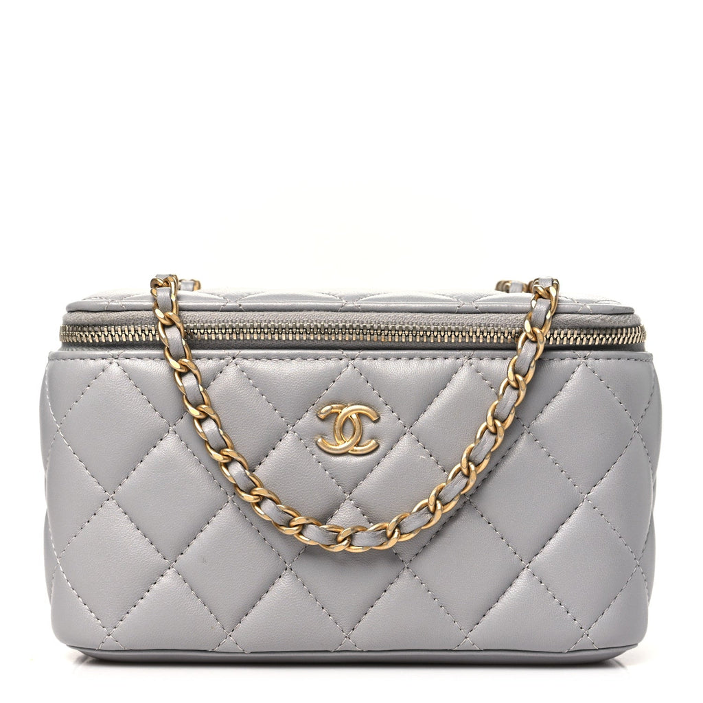 Lambskin Quilted Small Pearl Crush Vanity Case With Chain Grey