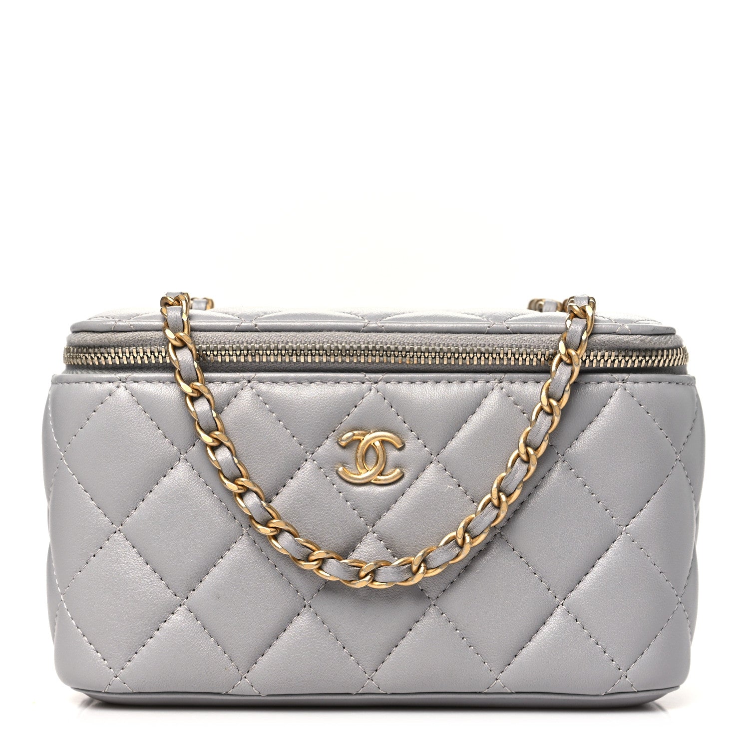 Lambskin Quilted Small Pearl Crush Vanity Case With Chain Grey