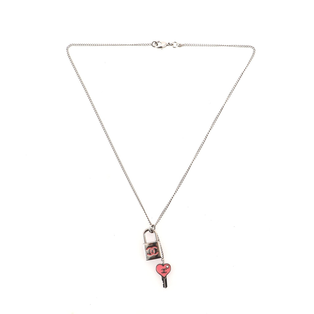 CC Padlock and Heart Key Pendant Necklace Metal and Enamel
