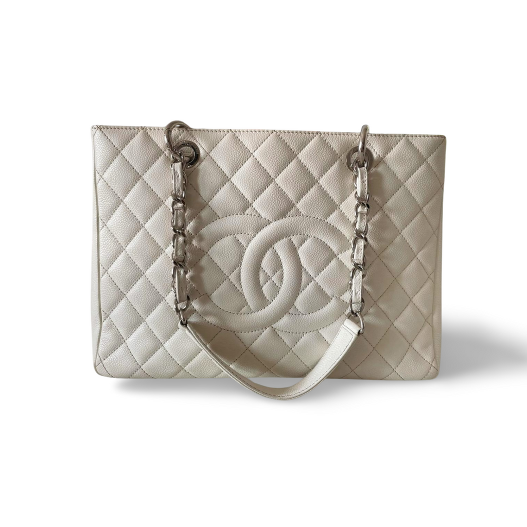 Chanel Medium White Grand Shopping Tote bag in Caviar Leather with silver Hardware